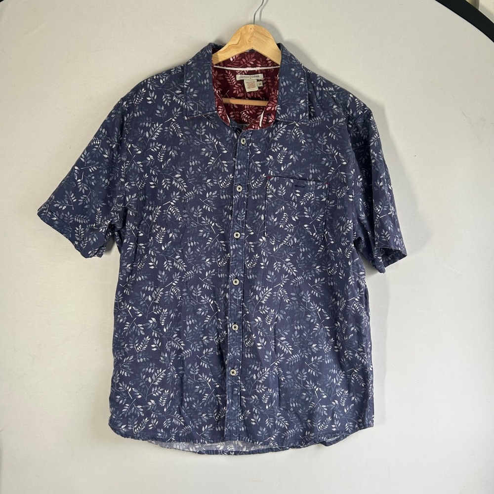 Carbon 2 Cobalt Mens Linen Blue Leaf Print Short Sleeve Button Down Shirt L